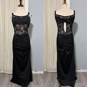 SHEIN Black Lace Trim Ruched Bodycon Maxi Dress Formal Evening Gown Whimsigoth L
